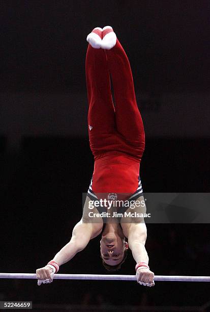 Sean Townsend of the United States performs on the horizontal bar during the 2005 American Cup gymnastics competition on February 26, 2005 at Nassau...