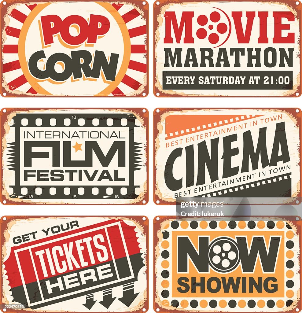 Set of retro cinema tin signs