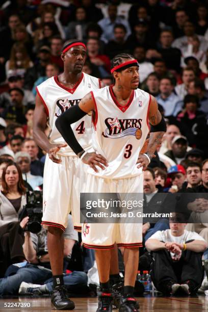 Chris Webber and Allen Iverson of the Philadelphia 76ers on the court together against the Sacramento Kings on February 26, 2005 at the Wachovia...