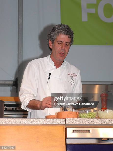 Chef Anthony Bourdain does a cooking demonstration at the South Beach Food And Wine Festival on February 26, 2005 in Miami Beach, Florida.