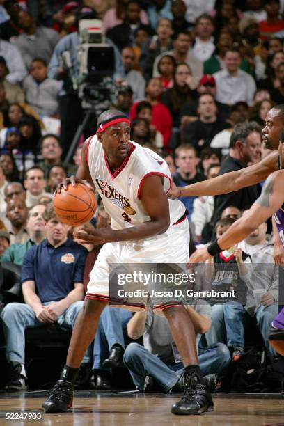 Chris Webber of the Philadelphia 76ers looks to play the ball against the Sacramento Kings on February 26, 2005 at the Wachovia Center in...