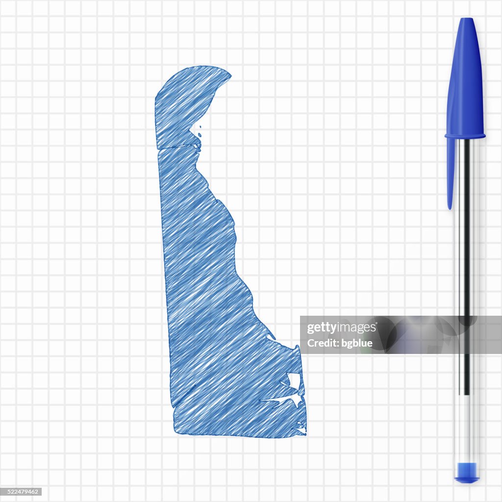 Delaware map sketch on grid paper, blue pen