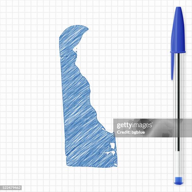 delaware map sketch on grid paper, blue pen - delaware us state stock illustrations