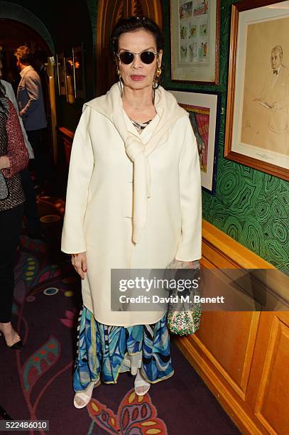 Bianca Jagger attends a dinner at Annabel's to celebrate the premiere of "Mapplethorpe: Look At The Pictures" on April 19, 2016 in London, England.