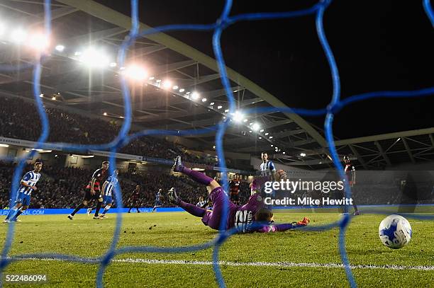 Alex Smithies of Queens Park Rangers fails to stop a shot from Anthony Knockaert of Brighton & Hove Albion during the Sky Bet Championship match...