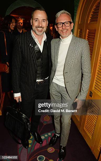 David Furnish and Patrick Cox attend a dinner at Annabel's to celebrate the premiere of "Mapplethorpe: Look At The Pictures" on April 19, 2016 in...