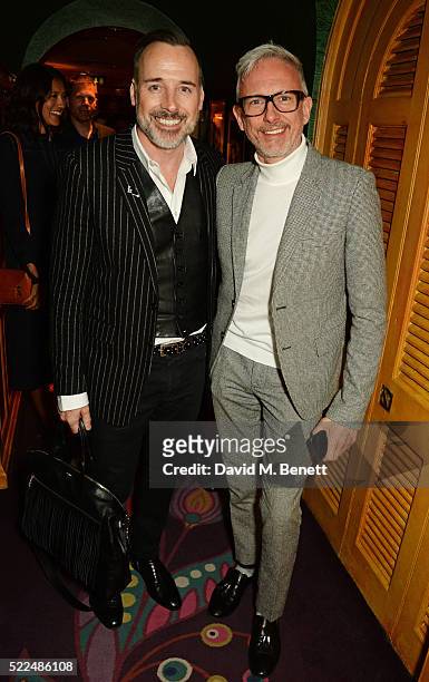 David Furnish and Patrick Cox attend a dinner at Annabel's to celebrate the premiere of "Mapplethorpe: Look At The Pictures" on April 19, 2016 in...