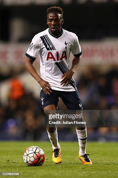 Emmanuel Sonupe of Spurs in action during the U21 Barclays Premier League match between Tottenham Hotspur and Manchester United at White Hart Lane on...