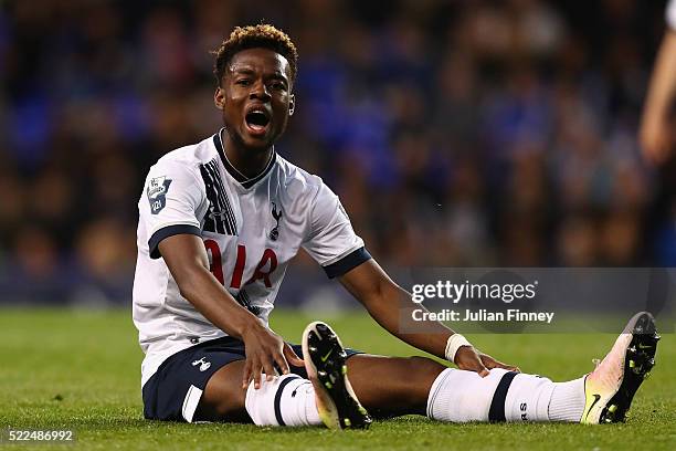 Josh Onomah of Spurs reacts during the U21 Barclays Premier League match between Tottenham Hotspur and Manchester United at White Hart Lane on April...