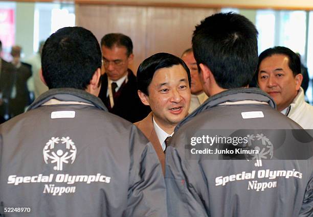 Japanese Crown Prince Naruhito meets athletes from the Special Olympics Japan Team after watching a game of hockey at White Ring on February 27, 2005...