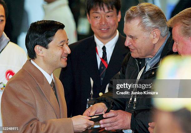 Japanese Crown Prince Naruhito meets athletes from the Special Olympics Austria Team after watching a game of hockey at White Ring on February 27,...