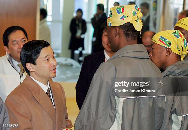 Japanese Crown Prince Naruhito meets athletes from the Special Olympics South AfricaTeam after watching a game of hockey at White Ring on February...