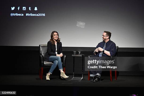 Tina Fey and Damian Holbrook speak on stage during Tribeca Talks Storytellers: Tina Fey With Damian Holbrook at BMCC John Zuccotti Theater on April...