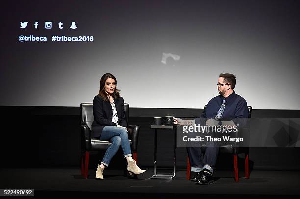 Tina Fey and Damian Holbrook speak on stage during Tribeca Talks Storytellers: Tina Fey With Damian Holbrook at BMCC John Zuccotti Theater on April...