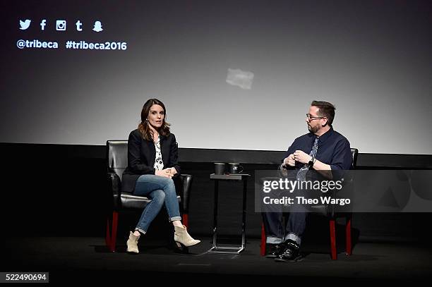 Tina Fey and Damian Holbrook speak on stage during Tribeca Talks Storytellers: Tina Fey With Damian Holbrook at BMCC John Zuccotti Theater on April...