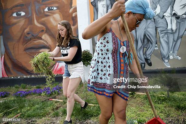 Loyola University students Kate Spence and Kassina Dwyer work to clear and landscape the garden in front of a large memorial mural of Freddie Gray...