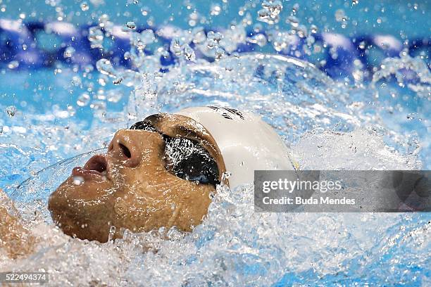 Leonardo de Deus of Brazil swims the Men's 200m Backstroke Final during the Maria Lenk Trophy competition at the Aquece Rio Test Event for the Rio...
