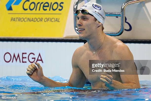 Henrique Rodrigues of Brazil reacts after swimming the Men's 200m Medley final during the Maria Lenk Trophy competition at the Aquece Rio Test Event...