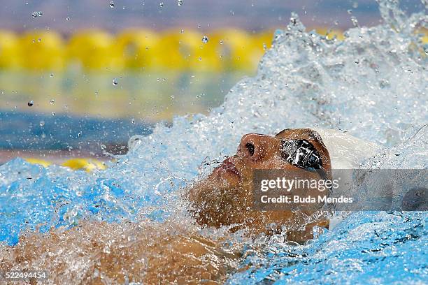 Thiago Simon of Brazil swims the Men's 200m Medley final during the Maria Lenk Trophy competition at the Aquece Rio Test Event for the Rio 2016...