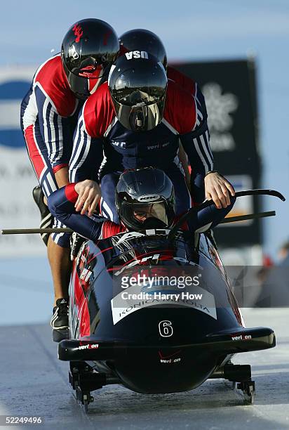 Todd Hays, Pavle Jovanovic, Bill Schuffenhauer and Steve Mesler enter the USA I bobsled during the final heat of the FIBT 2005 Four-Man Bobsleigh...
