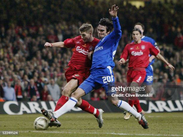 Steven Gerrard of Liverpool misses a chance on goal during the Carling Cup Final match between Chelsea and Liverpool at the Millennium Stadium on...