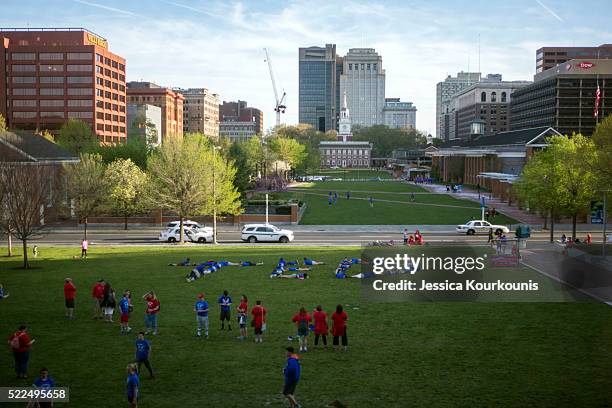 Visiting youth group spells out TED on the front lawn of the National Constitution Center prior to an event hosted by Republican Presidential...