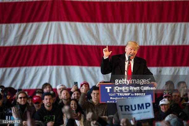 Presidential candidate Donald Trump speaks before a capacity crowd at a rally for his campaign on April 10, 2016 in Rochester, New York.