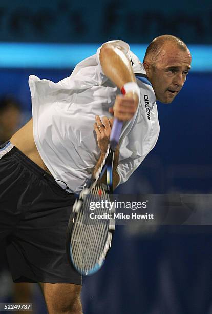 Ivan Ljubicic of Croatia in action during the Singles Final against Roger Federer of Switzerland in the Dubai Duty Free Men's Open Tennis...