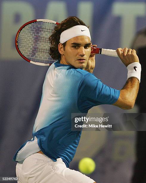 Roger Federer of Switzerland in action during the Singles Final against Ivan Ljubicic of Croatia in the Dubai Duty Free Men's Open Tennis...