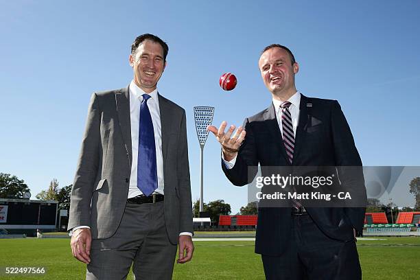 Cricket Australia via Getty Images CEO James Sutherland and ACT Chief Minister Andrew Barr pose during a Cricket Australia via Getty Images media...