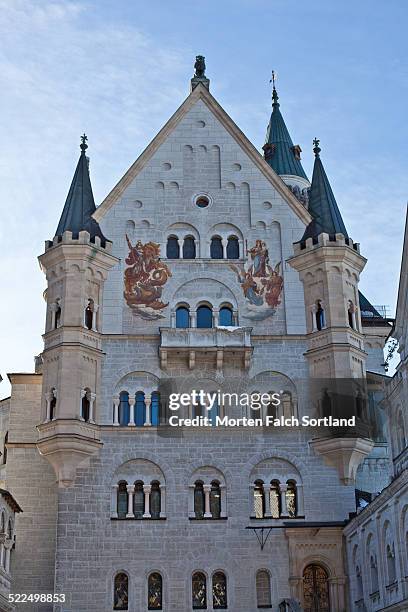 The main building of Neuschwanstein Castle as seen from the inner courtyard, in Füssen, Bavaria, Germany.