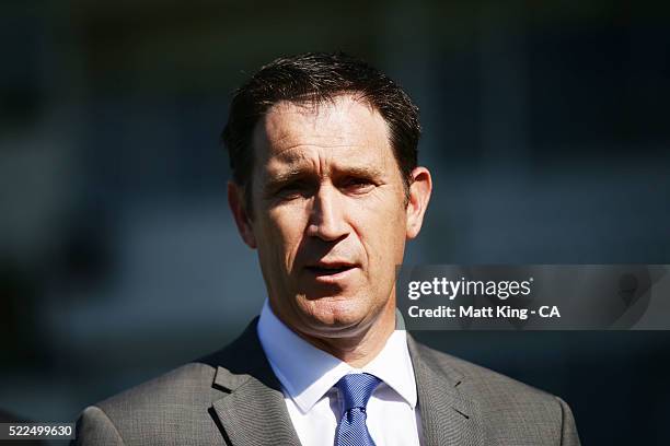 Cricket Australia via Getty Images CEO James Sutherland speaks to the media during a Cricket Australia via Getty Images media opportunity at Mauka...