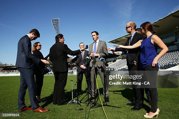 Cricket Australia via Getty Images CEO James Sutherland speaks to the media during a Cricket Australia via Getty Images media opportunity at Mauka...