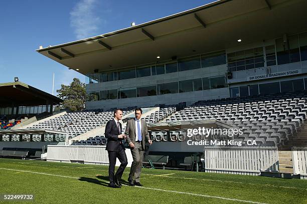 Cricket Australia via Getty Images CEO James Sutherland and ACT Chief Minister Andrew Barr talk during a Cricket Australia via Getty Images media...