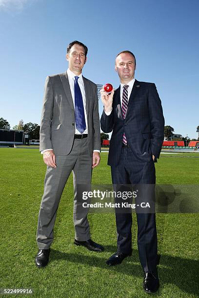 Cricket Australia via Getty Images CEO James Sutherland and ACT Chief Minister Andrew Barr pose during a Cricket Australia via Getty Images media...