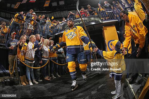 Shea Weber of the Nashville Predators walks to the ice for warmups against the Anaheim Ducks prior to Game Three of the Western Conference First...