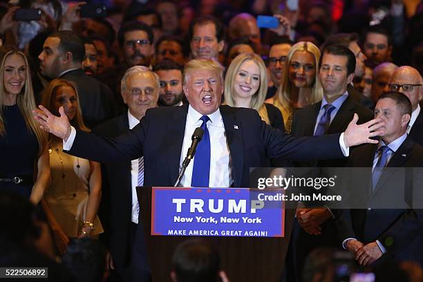 Republican Presidential candidate Donald Trump speaks after winning the New York state primary on April 19, 2016 in New York City. Trump held the...