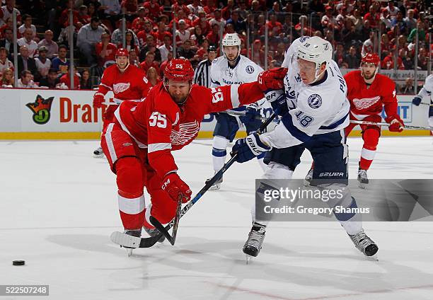 Ondrej Palat of the Tampa Bay Lightning takes a shot past the stick of Niklas Kronwall of the Detroit Red Wings during the third period of Game Four...