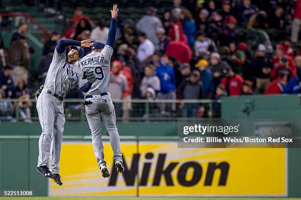 Kevin Kiermaier and Steven Souza Jr. #20 of the Tampa Bay Rays celebrate a victory against the Boston Red Sox on April 19, 2016 at Fenway Park in...