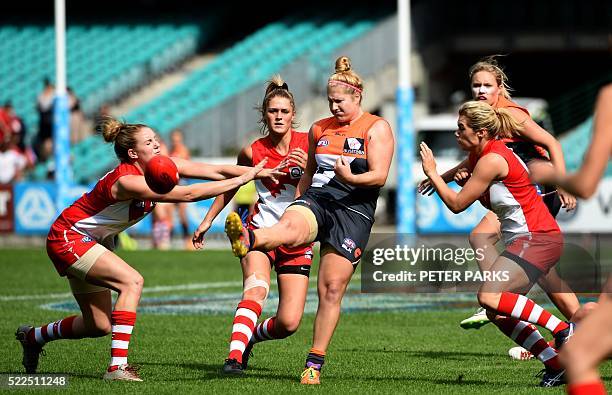 Photo taken on April 9, 2016 shows Australian rules women football players from the Greater Western Sydney Giants and the Sydney Swans playing in an...