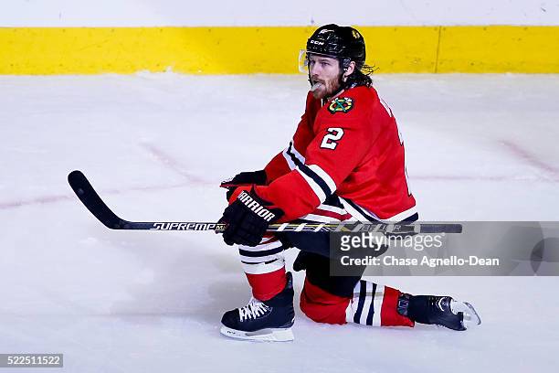 Duncan Keith of the Chicago Blackhawks reacts after scoring against the St. Louis Blues in the second period of Game Four of the Western Conference...
