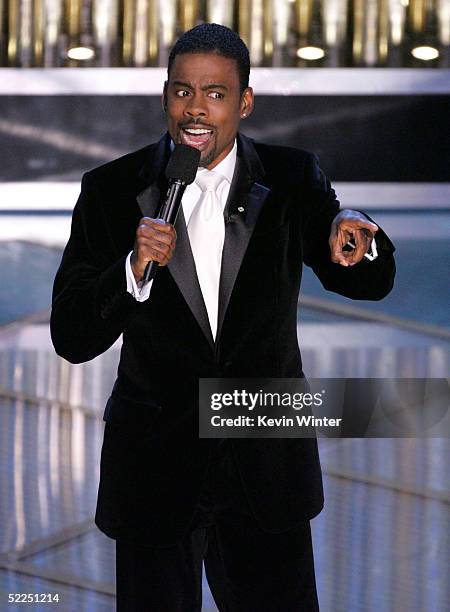 Host Chris Rock onstage during the 77th Annual Academy Awards on February 27, 2005 at the Kodak Theater in Hollywood, California.