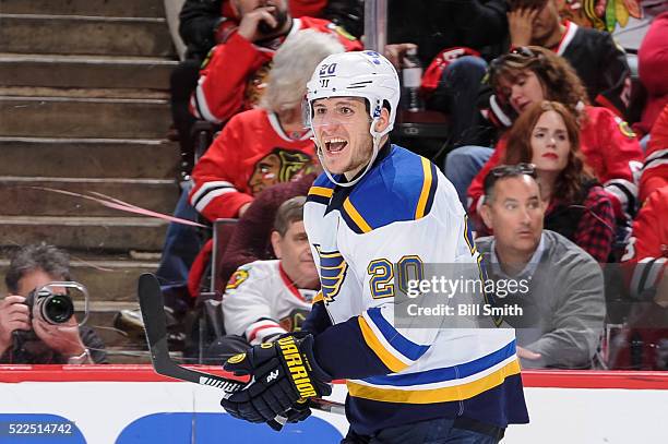 Alexander Steen of the St. Louis Blues reacts after scoring against the Chicago Blackhawks in the third period of Game Four of the Western Conference...