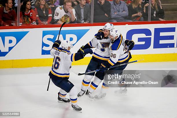 Alexander Steen and Troy Brouwer of the St. Louis Blues celebrate after Steen scored against the Chicago Blackhawks in the third period of Game Four...
