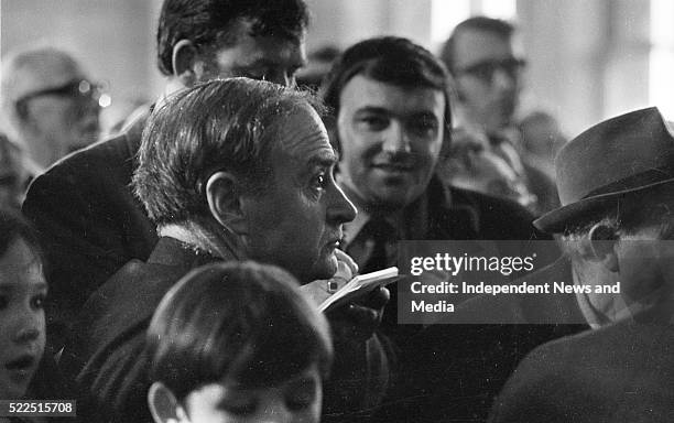 Mr. Liam Cosgrave pictured at Dun Laoghaire Town Hall with returning Officer Noel K. Peart. . . 373-1.