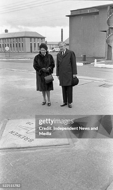 The Taoiseach Mr. Liam Cosgrave and Frau Glaeser-Koehl, widow of Capt. Köhl, beside the marble tablet which marks the spot at Casement Aerodrome from...