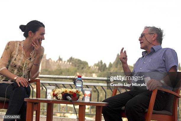 American author Nicole Krauss speaks with Israeli author Amos Oz, during Mishkenot Sha'ananim International Writers Festival on May 13, 2008 in...