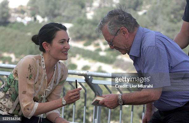 American author Nicole Krauss speaks with Israeli author Amos Oz, during Mishkenot Sha'ananim International Writers Festival on May 13, 2008 in...