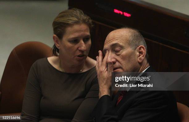 Israeli Prime Minister Ehud Olmert and Foreign Minister Tzipi Livni are seen during a Knesset session, Israeli Parliament on June 25, 2008 in...