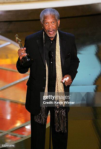 Actor Morgan Freeman accepts the award for Best Supporting Actor for "Million Dollar Baby" onstage during the 77th Annual Academy Awards on February...